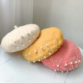 Vintage μαργαριταρένιο καπέλο μπερέ για γυναίκες κασμίρ Χειμερινό ρετρό γαλλικό χειμώνα μαύρο κόκκινο Γάλλος καλλιτέχνης Flat fashion κόκκινο κίτρινο γυναικείο καπάκι