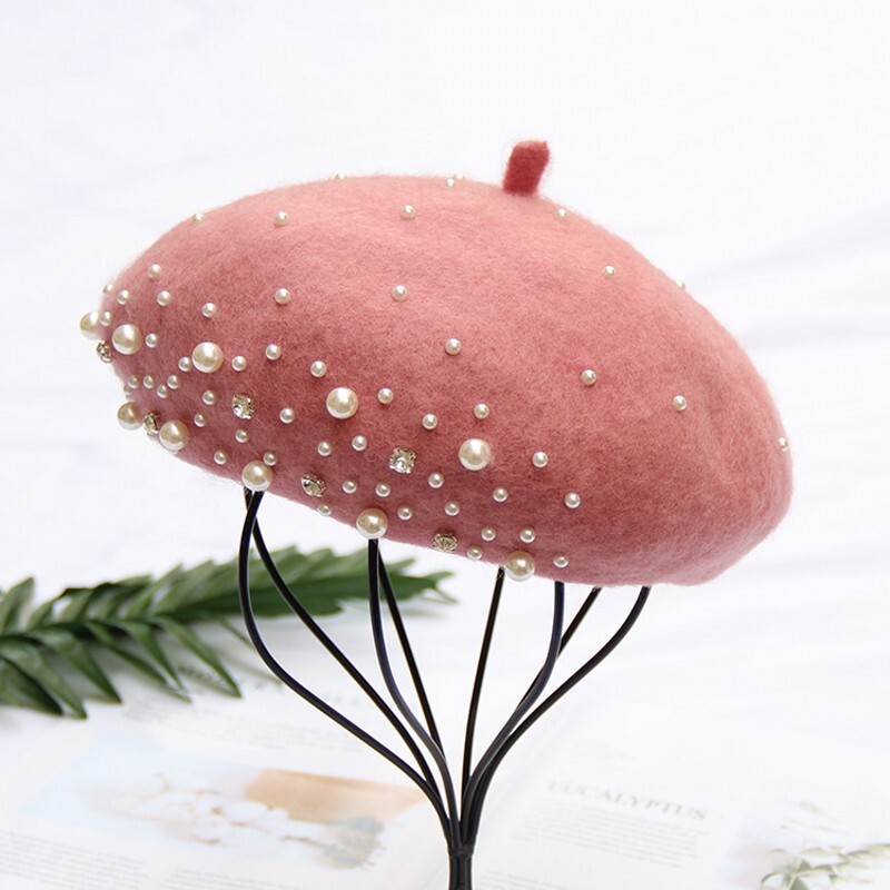 Vintage μαργαριταρένιο καπέλο μπερέ για γυναίκες κασμίρ Χειμερινό ρετρό γαλλικό χειμώνα μαύρο κόκκινο Γάλλος καλλιτέχνης Flat fashion κόκκινο κίτρινο γυναικείο καπάκι