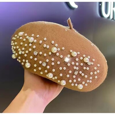 2024 Beretă din perle de lână femeie Toamnă-iarnă Pălărie coreeană de pictor japonez complet asortată Pălărie retro britanică de dovleac femeie