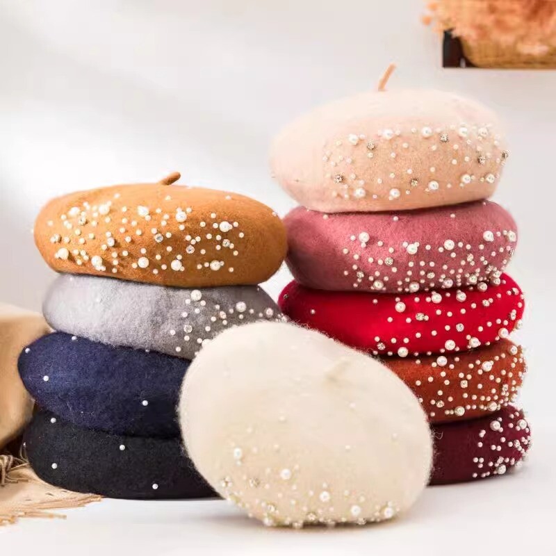 2024 Beretă din perle de lână femeie Toamnă-iarnă Pălărie coreeană de pictor japonez complet asortată Pălărie retro britanică de dovleac femeie