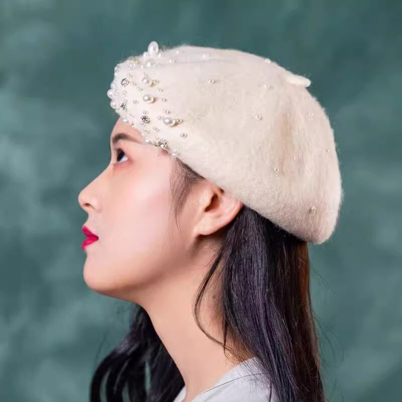 2024 Beretă din perle de lână femeie Toamnă-iarnă Pălărie coreeană de pictor japonez complet asortată Pălărie retro britanică de dovleac femeie