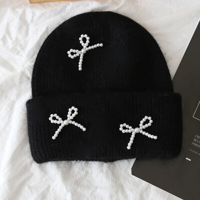 New Korea Ins Φιόγκος πλεκτά καπέλα με μαργαριτάρια Angora με γούνα κουνελιού Φιόγκος χειμωνιάτικο καπέλο γυναικεία χνουδωτά ζεστά φασόλια βελούδινα χοντρά Skullies Καπέλα Y2k