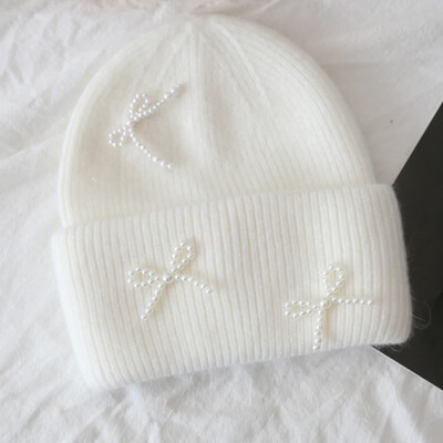 New Korea Ins Φιόγκος πλεκτά καπέλα με μαργαριτάρια Angora με γούνα κουνελιού Φιόγκος χειμωνιάτικο καπέλο γυναικεία χνουδωτά ζεστά φασόλια βελούδινα χοντρά Skullies Καπέλα Y2k