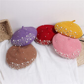 2-6 godina Djevojčice, šešir s beretkama, kapa s beretkama, modna biserna vunena kapa, dječja jesen, zima, ležerna topla kapa s beretkama