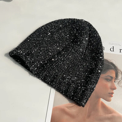 Κορεάτικο γυαλιστερό, κρύο δροσερό πλεκτό καπέλο δρόμου, Φθινοπωρινό, χειμωνιάτικο παγιέτες, φασόλια φιόγκοι Καπέλα κορίτσι γκλίτερ 2024 Fashion bag Head Beanie Καπέλα