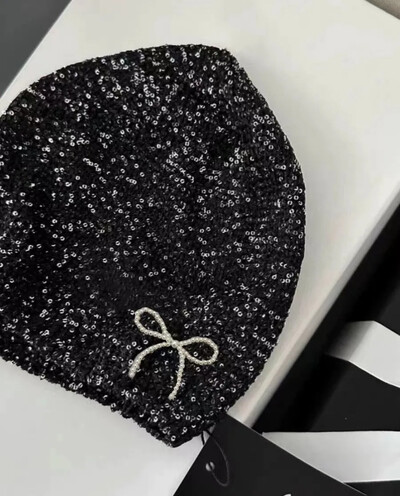 Κορεάτικο γυαλιστερό, κρύο δροσερό πλεκτό καπέλο δρόμου, Φθινοπωρινό, χειμωνιάτικο παγιέτες, φασόλια φιόγκοι Καπέλα κορίτσι γκλίτερ 2024 Fashion bag Head Beanie Καπέλα