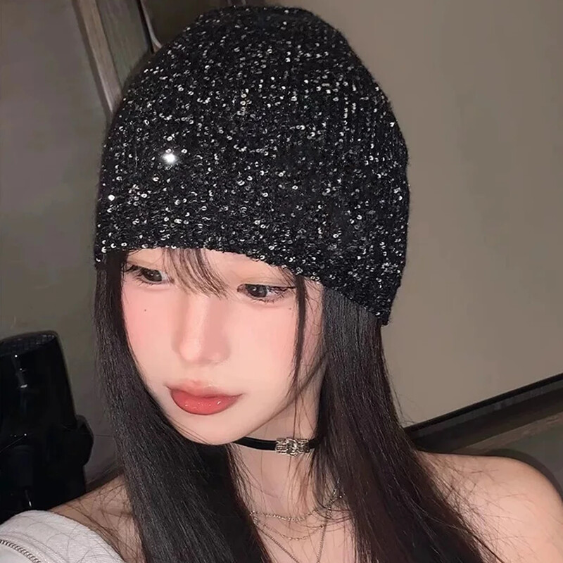 Κορεάτικο γυαλιστερό, κρύο δροσερό πλεκτό καπέλο δρόμου, Φθινοπωρινό, χειμωνιάτικο παγιέτες, φασόλια φιόγκοι Καπέλα κορίτσι γκλίτερ 2024 Fashion bag Head Beanie Καπέλα
