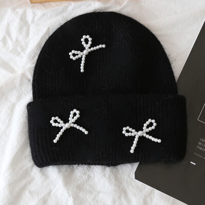 New Korea Ins Φιόγκος πλεκτά καπέλα με μαργαριτάρια Angora με γούνα κουνελιού Φιόγκος χειμωνιάτικο καπέλο γυναικεία χνουδωτά ζεστά φασόλια βελούδινα χοντρά Skullies Καπέλα Y2k