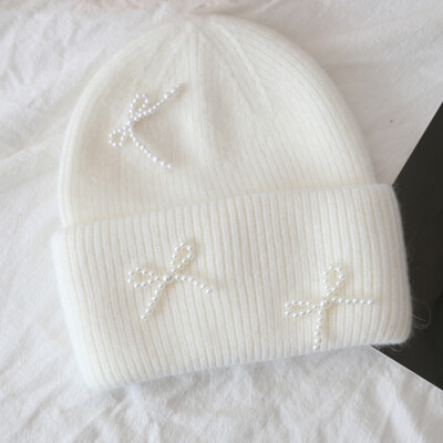 New Korea Ins Φιόγκος πλεκτά καπέλα με μαργαριτάρια Angora με γούνα κουνελιού Φιόγκος χειμωνιάτικο καπέλο γυναικεία χνουδωτά ζεστά φασόλια βελούδινα χοντρά Skullies Καπέλα Y2k