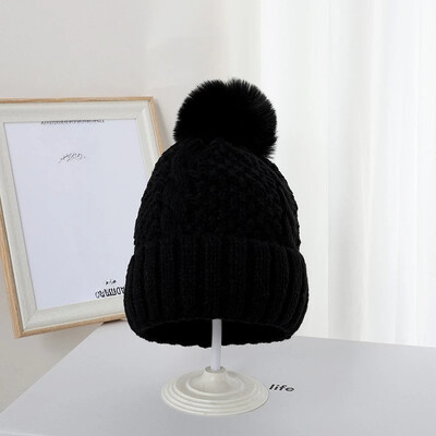 Νέο χειμωνιάτικο καπέλο μονόχρωμο πλέξιμο για γυναικεία γούνα Πομπον Χοντρό βελούδινο καπέλο για γυναίκες με ζεστό σκι Snow Skullies Beanies