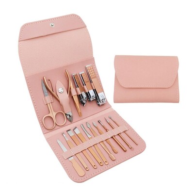 Kelioninis mini manikiūro rinkinys nagų kirpimo mašinėlės rinkinys 16 viename nerūdijančio plieno pedikiūro priežiūros rinkinys su dėklu, rožinis vyrams, vyras Bo