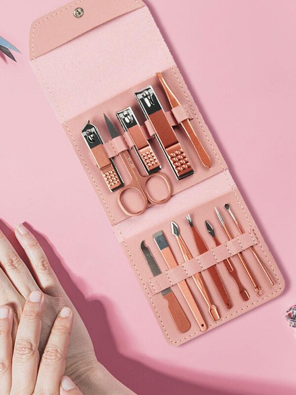 Kelioninis mini manikiūro rinkinys nagų kirpimo mašinėlės rinkinys 16 viename nerūdijančio plieno pedikiūro priežiūros rinkinys su dėklu, rožinis vyrams, vyras Bo