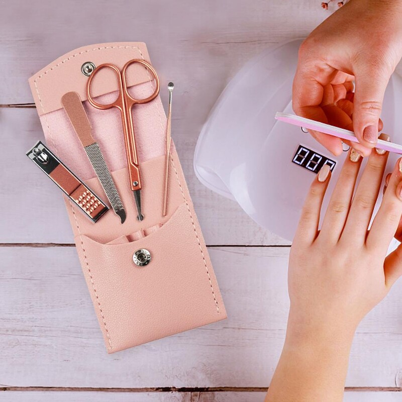 Kelioninis mini manikiūro rinkinys nagų kirpimo mašinėlės rinkinys 16 viename nerūdijančio plieno pedikiūro priežiūros rinkinys su dėklu, rožinis vyrams, vyras Bo