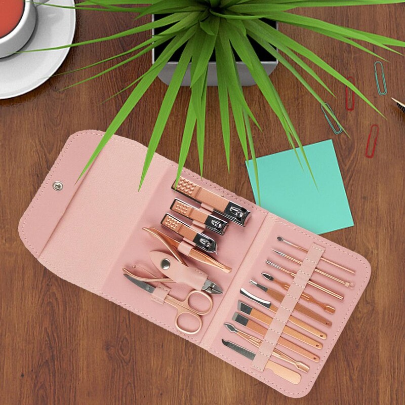 Kelioninis mini manikiūro rinkinys nagų kirpimo mašinėlės rinkinys 16 viename nerūdijančio plieno pedikiūro priežiūros rinkinys su dėklu, rožinis vyrams, vyras Bo