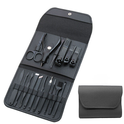 Profesionalus manikiūro rinkinys 16 viename pilnai veikiantis nerūdijančio plieno pedikiūro rinkiniai su odiniu nešiojamu dėklu – idėja – dovana