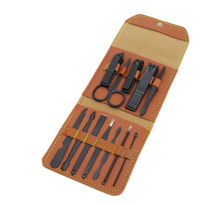 Profesionalus manikiūro rinkinys 16 viename pilnai veikiantis nerūdijančio plieno pedikiūro rinkiniai su odiniu nešiojamu dėklu – idėja – dovana