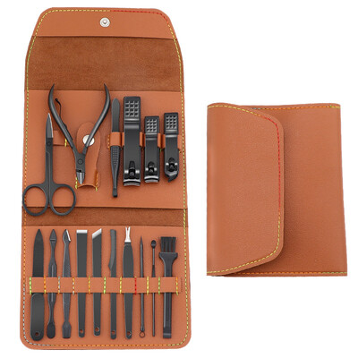 Profesionalus manikiūro rinkinys 16 viename pilnai veikiantis nerūdijančio plieno pedikiūro rinkiniai su odiniu nešiojamu dėklu – idėja – dovana