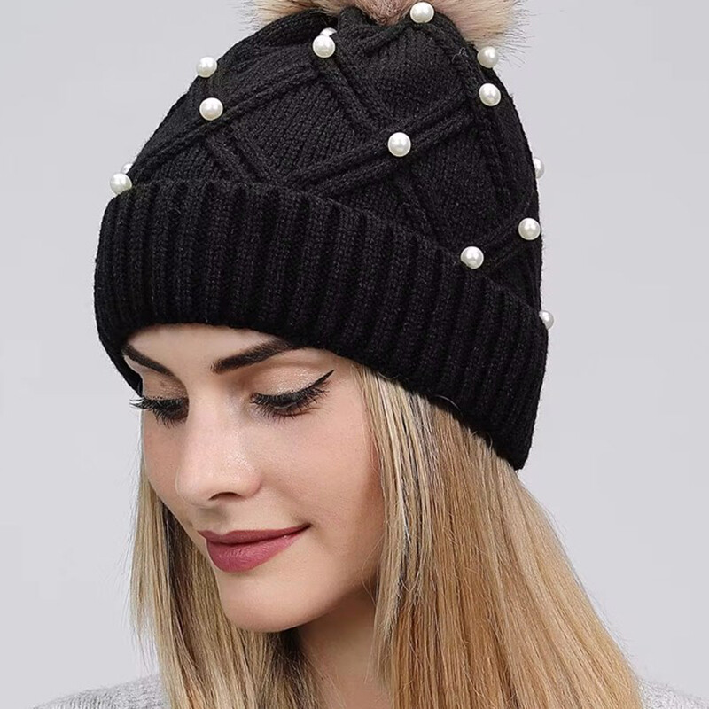 Pălărie nouă, de iarnă, pentru femei, Pong Ball Pălărie, perle, apă, diamant, tricotată, lână, fasole, ocazional, în aer liber, călărie caldă
