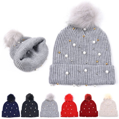 Căciulă de iarnă, toamnă, drăguță, eșarfă cu pompon, pălărie din lână, tricotată, pentru femei, șapcă albă, cu perle de imitație, pălării, pălării, pentru femei.