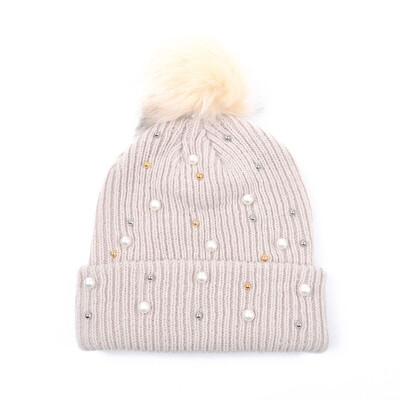 Χειμερινό φθινόπωρο Beanie Χαριτωμένο κασκόλ Pompom Μάλλινο Πλεκτό Καπέλο για Γυναικείο Skullcap Λευκό Απομίμηση Pearl Skullies Beanies Καπέλα Γυναικεία