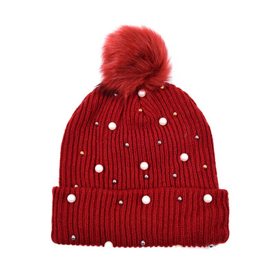 Χειμερινό φθινόπωρο Beanie Χαριτωμένο κασκόλ Pompom Μάλλινο Πλεκτό Καπέλο για Γυναικείο Skullcap Λευκό Απομίμηση Pearl Skullies Beanies Καπέλα Γυναικεία