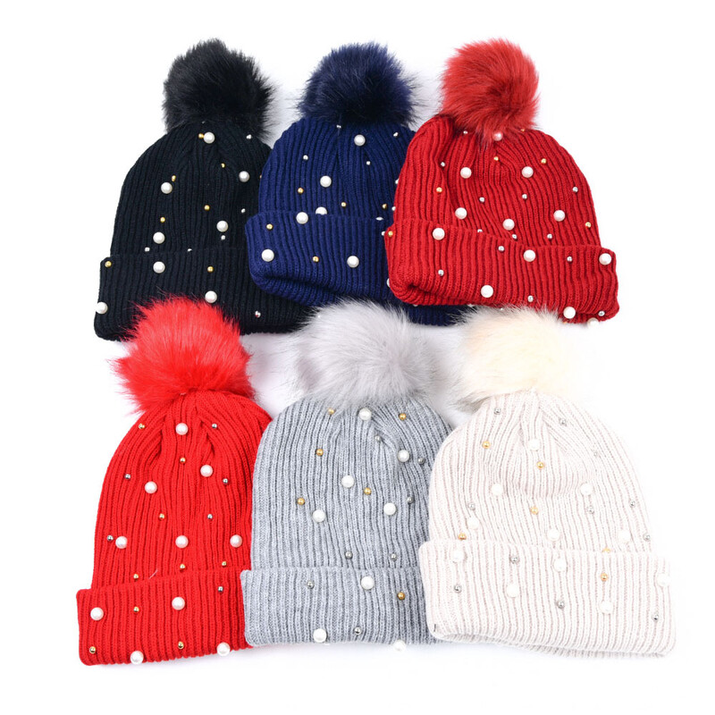 Χειμερινό φθινόπωρο Beanie Χαριτωμένο κασκόλ Pompom Μάλλινο Πλεκτό Καπέλο για Γυναικείο Skullcap Λευκό Απομίμηση Pearl Skullies Beanies Καπέλα Γυναικεία