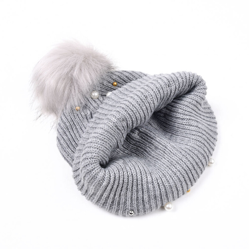 Χειμερινό φθινόπωρο Beanie Χαριτωμένο κασκόλ Pompom Μάλλινο Πλεκτό Καπέλο για Γυναικείο Skullcap Λευκό Απομίμηση Pearl Skullies Beanies Καπέλα Γυναικεία