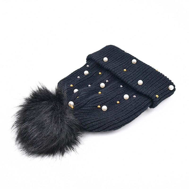 Χειμερινό φθινόπωρο Beanie Χαριτωμένο κασκόλ Pompom Μάλλινο Πλεκτό Καπέλο για Γυναικείο Skullcap Λευκό Απομίμηση Pearl Skullies Beanies Καπέλα Γυναικεία