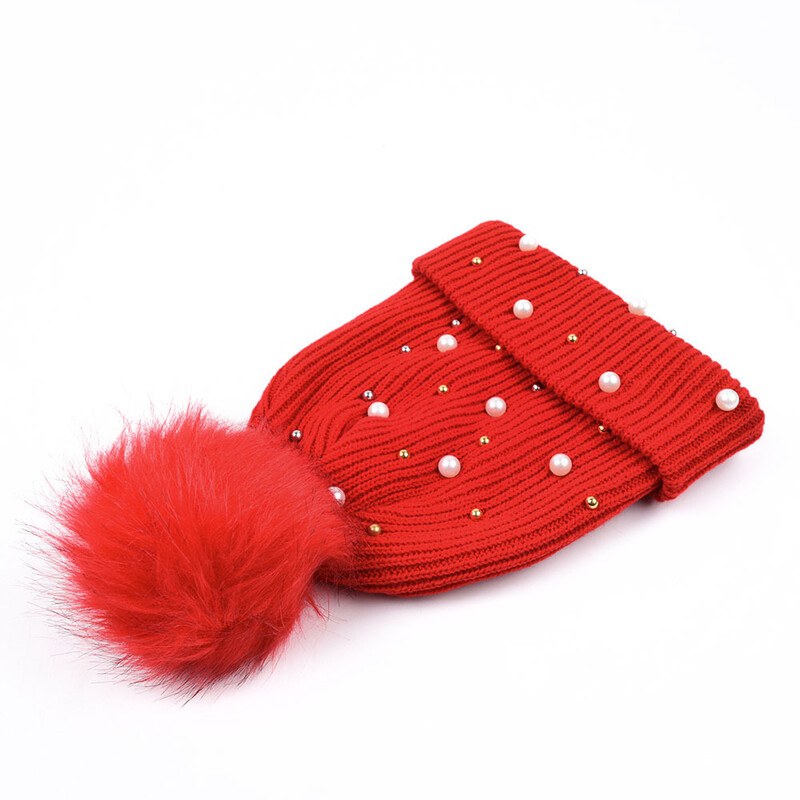 Χειμερινό φθινόπωρο Beanie Χαριτωμένο κασκόλ Pompom Μάλλινο Πλεκτό Καπέλο για Γυναικείο Skullcap Λευκό Απομίμηση Pearl Skullies Beanies Καπέλα Γυναικεία