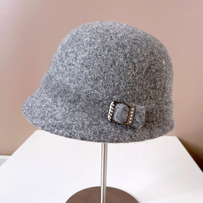 Японска вълнена шапка Дамска есенна и зимна топла плетена шапка Диамантена катарама Панделка Рибарска шапка отпред и отзад Малка шапка за леген