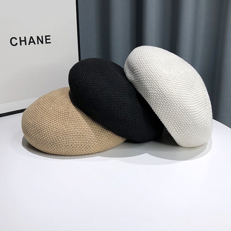 Νέο καλοκαιρινό αναπνεύσιμο γυναικείο καπέλο μπερέ μονόχρωμο Κορεάτικο ευέλικτο ιαπωνικό πρόσωπο με καπέλο μικρού ζωγράφου