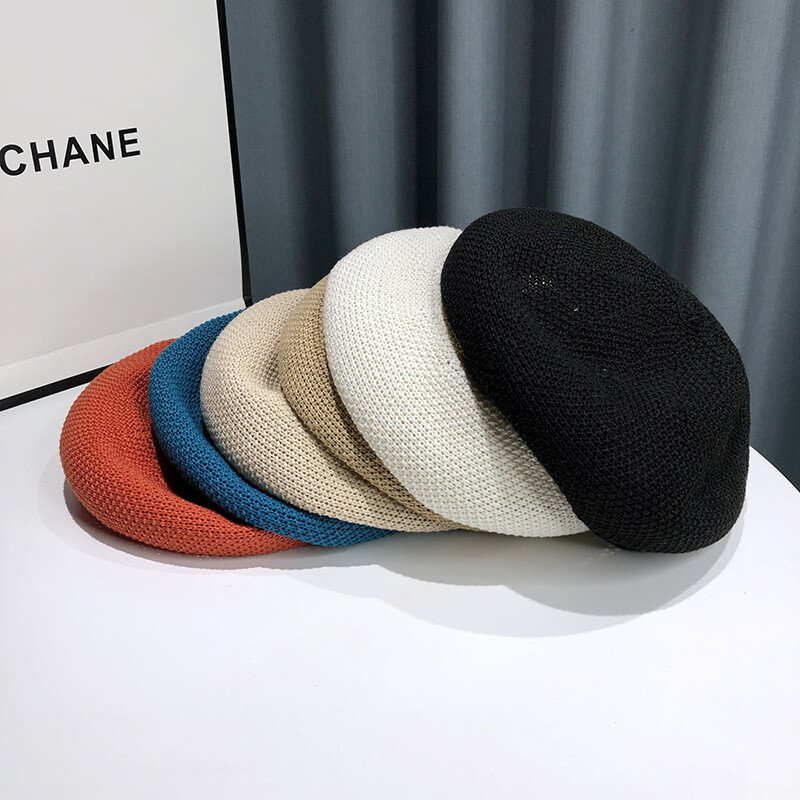Νέο καλοκαιρινό αναπνεύσιμο γυναικείο καπέλο μπερέ μονόχρωμο Κορεάτικο ευέλικτο ιαπωνικό πρόσωπο με καπέλο μικρού ζωγράφου