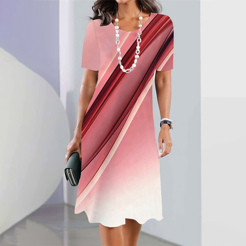 Europska i američka opuštena ležerna modna 3D prugasta višebojna ljetna haljina s digitalnim printom kratkih rukava, udobna, s okruglim izrezom
