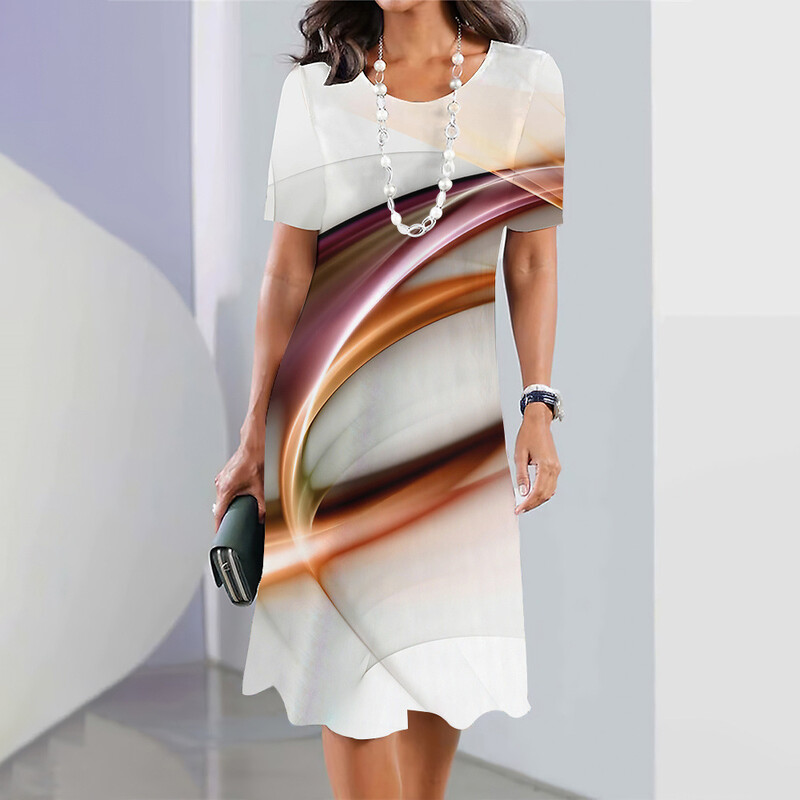 Europska i američka opuštena ležerna modna 3D prugasta višebojna ljetna haljina s digitalnim printom kratkih rukava, udobna, s okruglim izrezom