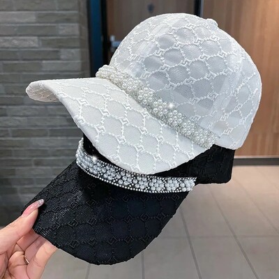 Moda de vară pentru femei, plasă dulce, cu protecție solară respirabilă, umbrire, șapcă de baseball, perle cu stras, pălărie de soare, elegantă, șapcă de rebound de stradă