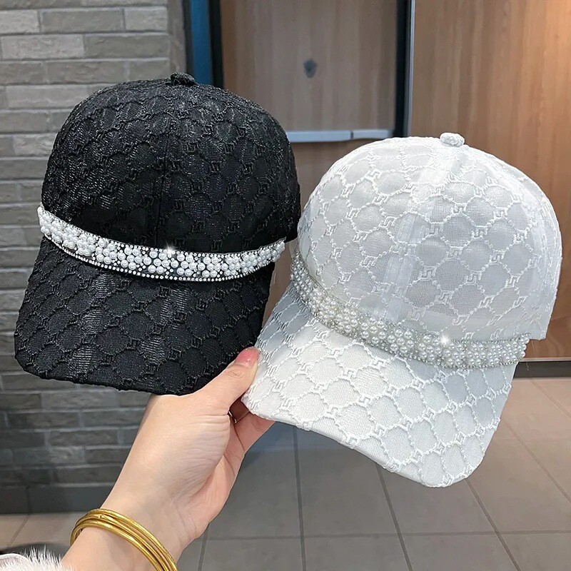 Ženska ljetna modna slatka mrežasta prozračna bejzbolska kapa za zaštitu od sunca s bisernim dijamantima Elegantna kapa za sunčanje Street Rebound Kapa