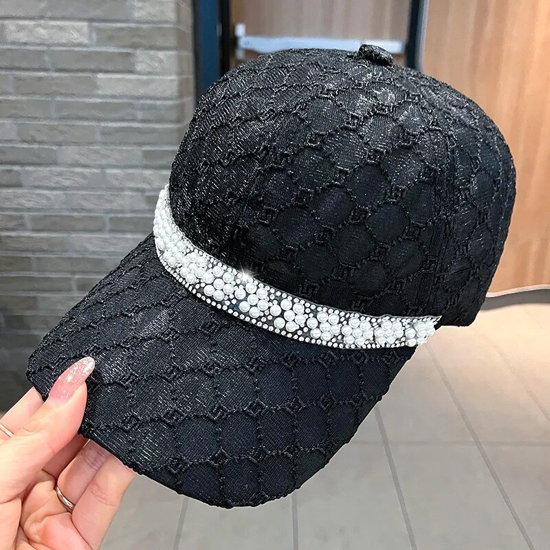 Ženska ljetna modna slatka mrežasta prozračna bejzbolska kapa za zaštitu od sunca s bisernim dijamantima Elegantna kapa za sunčanje Street Rebound Kapa