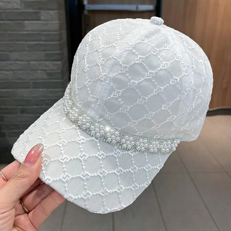 Ženska ljetna modna slatka mrežasta prozračna bejzbolska kapa za zaštitu od sunca s bisernim dijamantima Elegantna kapa za sunčanje Street Rebound Kapa