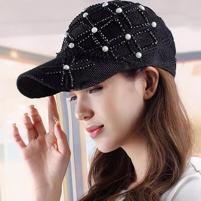Șapcă de baseball de primăvară/vară, perle, șapcă cu șapcă cu strasuri, plasă, respirabilă, pălărie de soare pentru celebrități