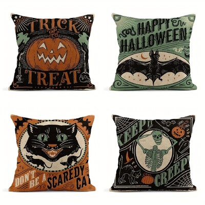 Lenkeverékes párnahuzatok 45x45cm Vintage Halloween Scaredy Cats Sütőtök Otthoni Dekor Párnahuzat Négyzet Párnahuzatok