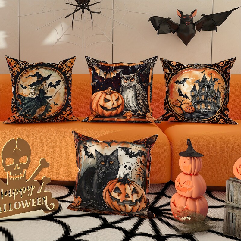 Ukrasna jastučnica za Noć vještica, uzorak dvorca mačke vještica bundeva, pogodna za kućnu sobu, dnevni boravak, navlaka za kauč