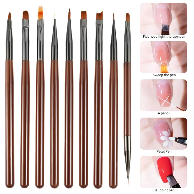 9PCS UV Gel četkica za nokte Liner DIY olovka za slikanje Manikura Akrilna četkica za crtanje za dizajn noktiju Nail Art alat za slikanje vrhova