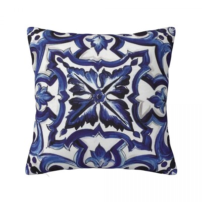 Plava ukrašena cvjetna sredozemna sicilijanska pločica, četvrtasta jastučnica, jastučnica, jastučnica, udoban jastuk za kućnu spavaću sobu