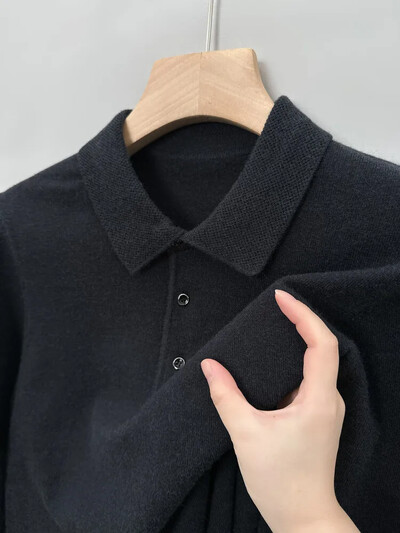 Jesen i zima Novi topli mekani pulover Muška poslovna pletenina na rever Ležerna jednobojna polo majica dugih rukava Ured