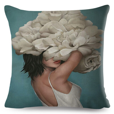 Seksi cvjetno pero Ženska jastučnica Dekor Harajuku Aesthetics Lady Jastučnica s dvostrukim printom za Sofu Kućna lanena jastučnica