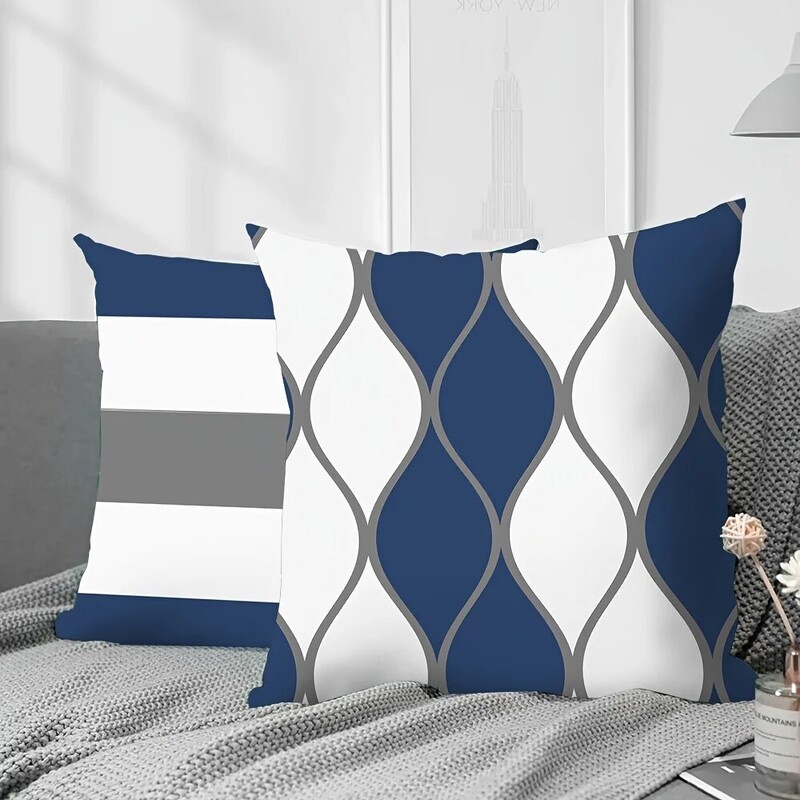 4 gab, poliestera spilvendrāna tumši zilas ģeometriskas svītras, viļņu svītras, apdrukātas spilvenu pārvalki dzīvojamās istabas ikdienas mājas dekorēšanai