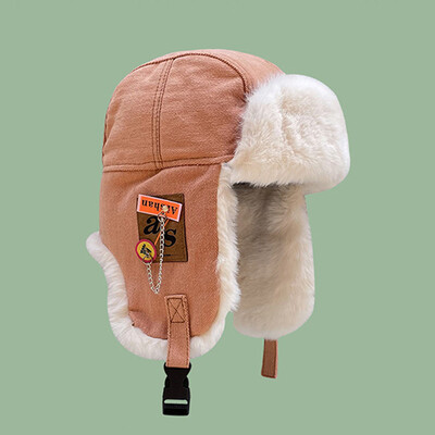 Χειμερινό ανδρικό καπέλο ρωσικού πιλότου Γυναικείο καπέλο βομβαρδιστικής μόδας με γράμμα ετικέτας Βαμβακερή ψεύτικη γούνα Μαλακή ζεστή παγίδα Ushanka