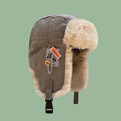 Χειμερινό ανδρικό καπέλο ρωσικού πιλότου Γυναικείο καπέλο βομβαρδιστικής μόδας με γράμμα ετικέτας Βαμβακερή ψεύτικη γούνα Μαλακή ζεστή παγίδα Ushanka