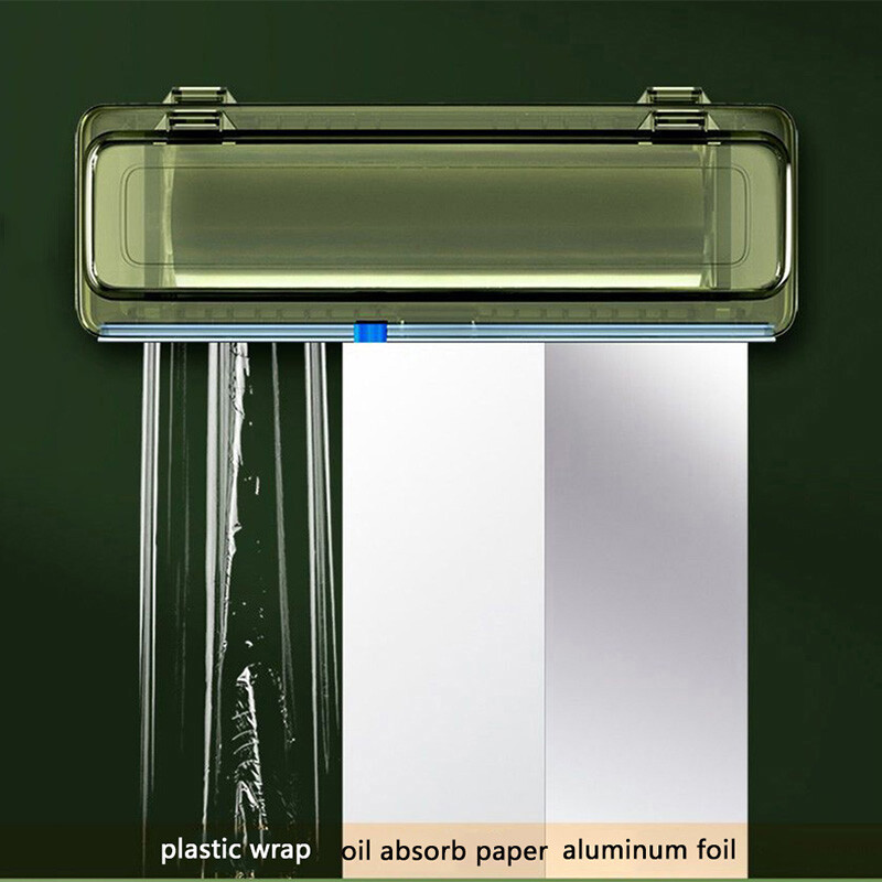 Plastikinio apvyniojimo dozatorius Daugkartinio užpildymo virtuvės apvyniojimo pjaustymo dėžutė su slankiojančiu pjaustytuvu, skirta aliuminio folijos vaško popieriaus pjaustymo dėžutei