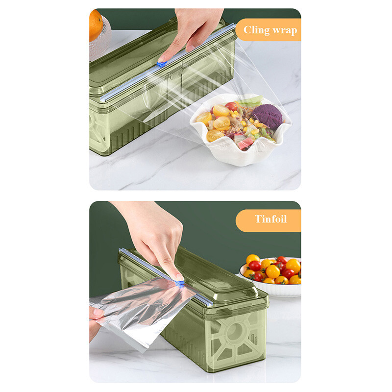 Plastikinio apvyniojimo dozatorius Daugkartinio užpildymo virtuvės apvyniojimo pjaustymo dėžutė su slankiojančiu pjaustytuvu, skirta aliuminio folijos vaško popieriaus pjaustymo dėžutei